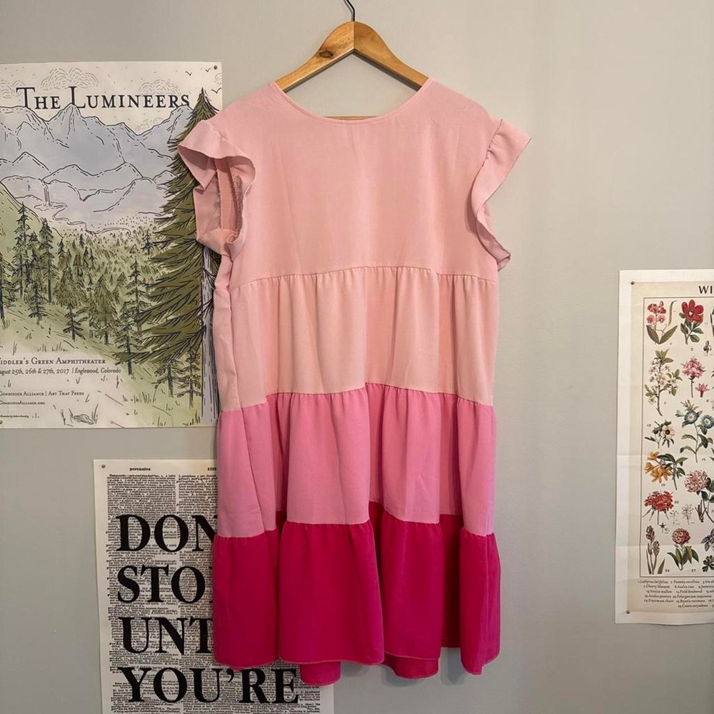 SHEIN Pink Color Block Tiered Ruffle Sleeve Smock Dress